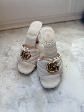 Gucci Cream Quilted Slide Heels with Gold Double G